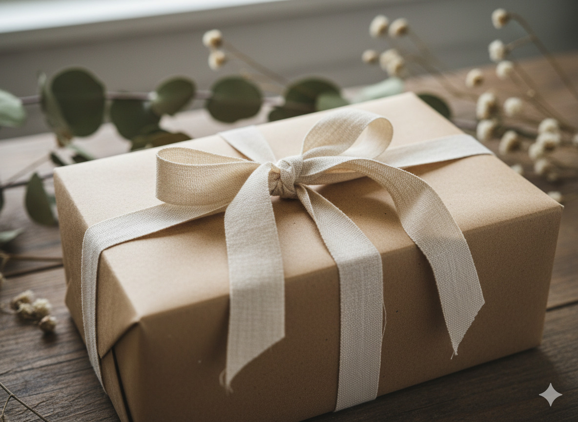 Natural kraft gift box with linen ribbon